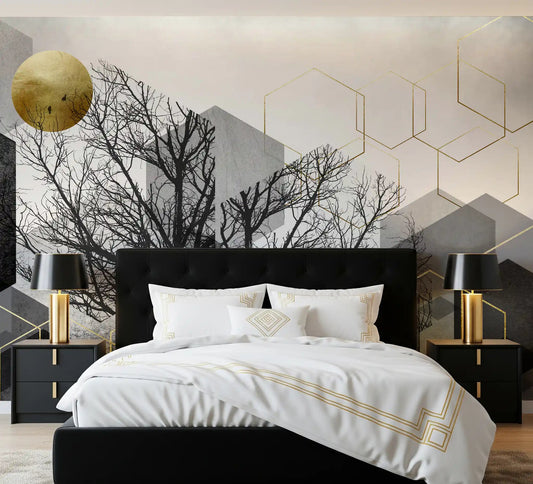 Gold and grey geometric forest mural displayed across a bedroom accent wall.