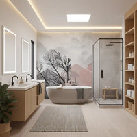 Detailed wall mural with overlapping hexagons in blush and grey layered over a winter tree branch motif., GD10242