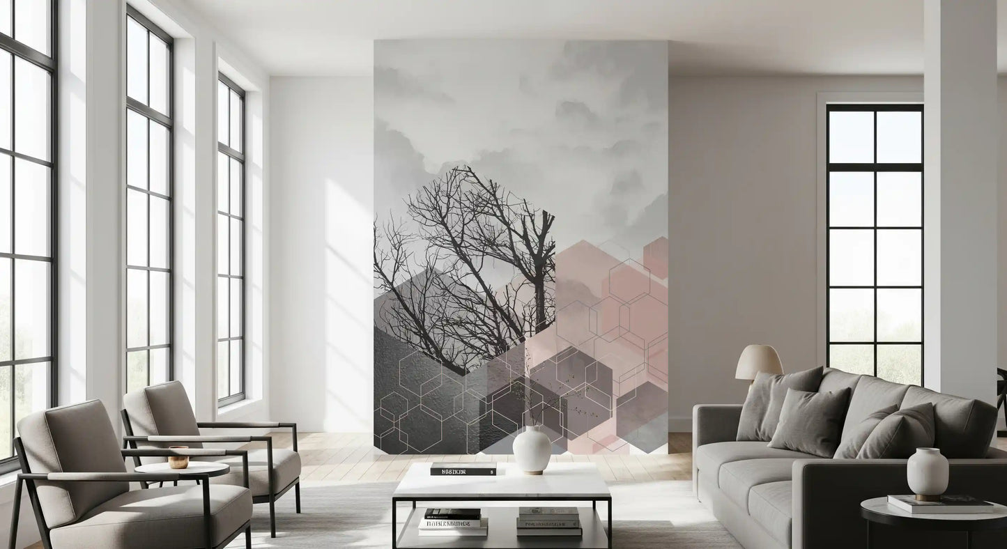 Geometric forest wall mural in blush pink, mauve, grey and soft cloud tones for a living area., GD10242