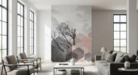Geometric forest wall mural in blush pink, mauve, grey and soft cloud tones for a living area., GD10242