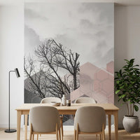 Blush horizon geometric forest wall mural with bare tree silhouette and pink mauve hexagons., GD10242