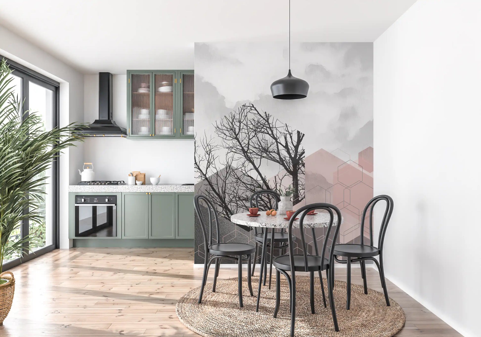 Pastel forest mural with cloudy watercolour sky, dark tree branches and faint hexagon outlines., GD10242