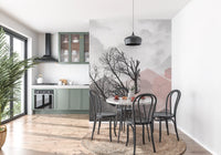 Pastel forest mural with cloudy watercolour sky, dark tree branches and faint hexagon outlines., GD10242