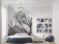 Bedroom wall styled with the blush horizon forest mural creating a soft pastel., GD10242