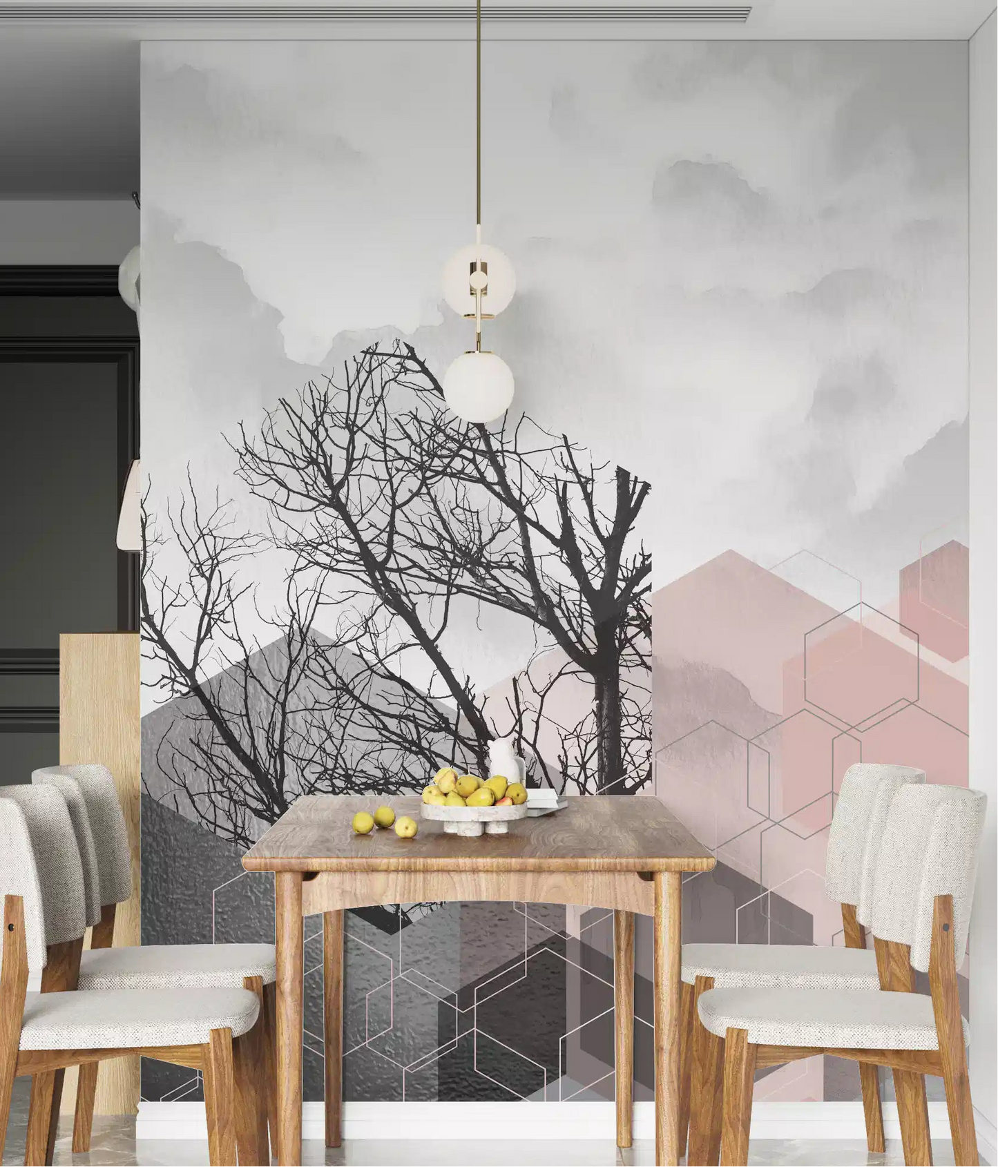 Dining room feature wall using the geometric forest mural in blush pink, mauve and grey tones., GD10242