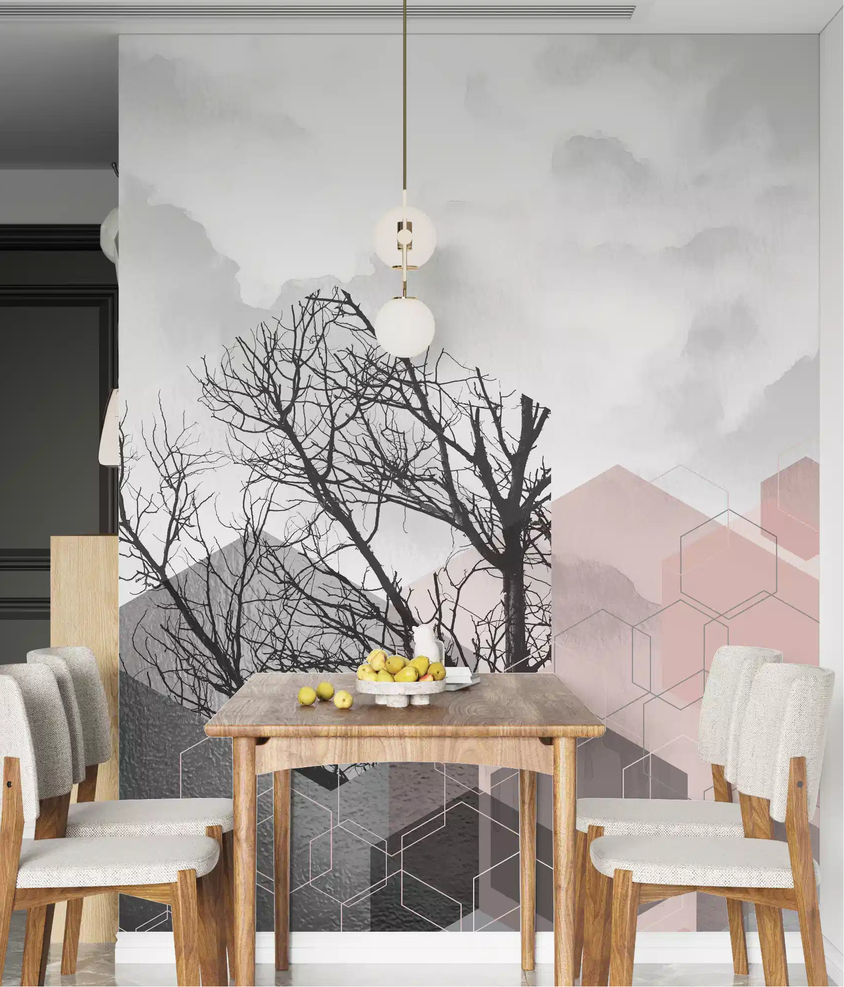 Dining room feature wall using the geometric forest mural in blush pink, mauve and grey tones., GD10242