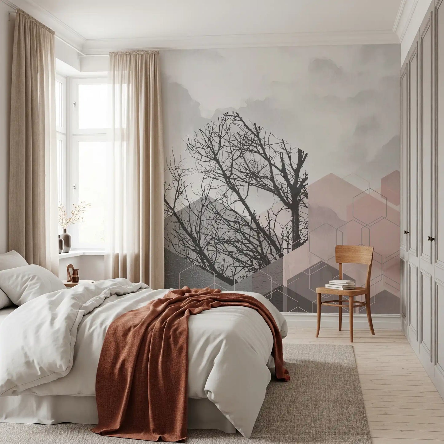 Winter Geometric Forest mural in watercolour sky layered with blush pink and dusty grey hexagons., GD10242