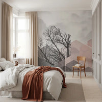 Winter Geometric Forest mural in watercolour sky layered with blush pink and dusty grey hexagons., GD10242