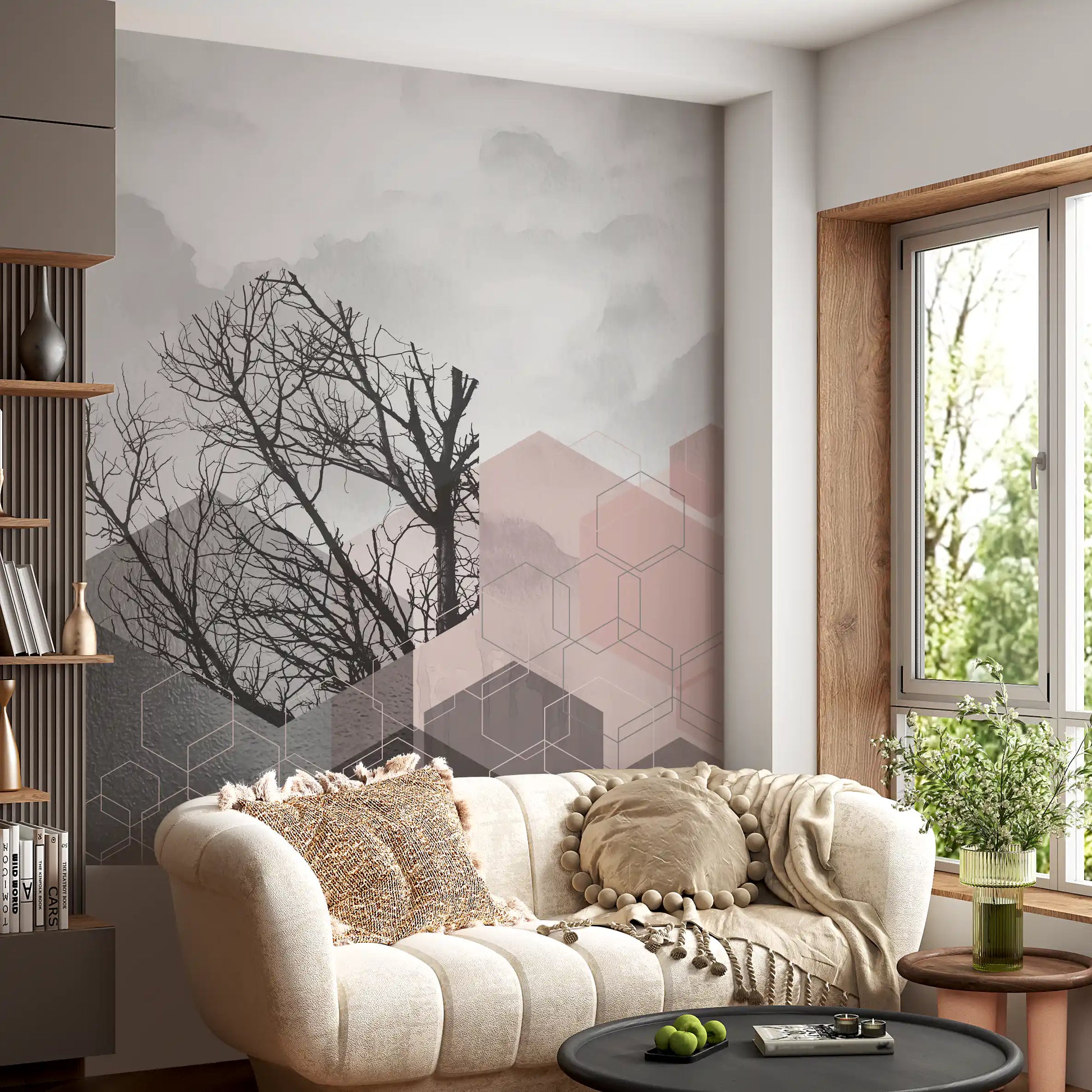 Scandinavian style wall mural with delicate tree, soft clouds and translucent geometric shapes., GD10242