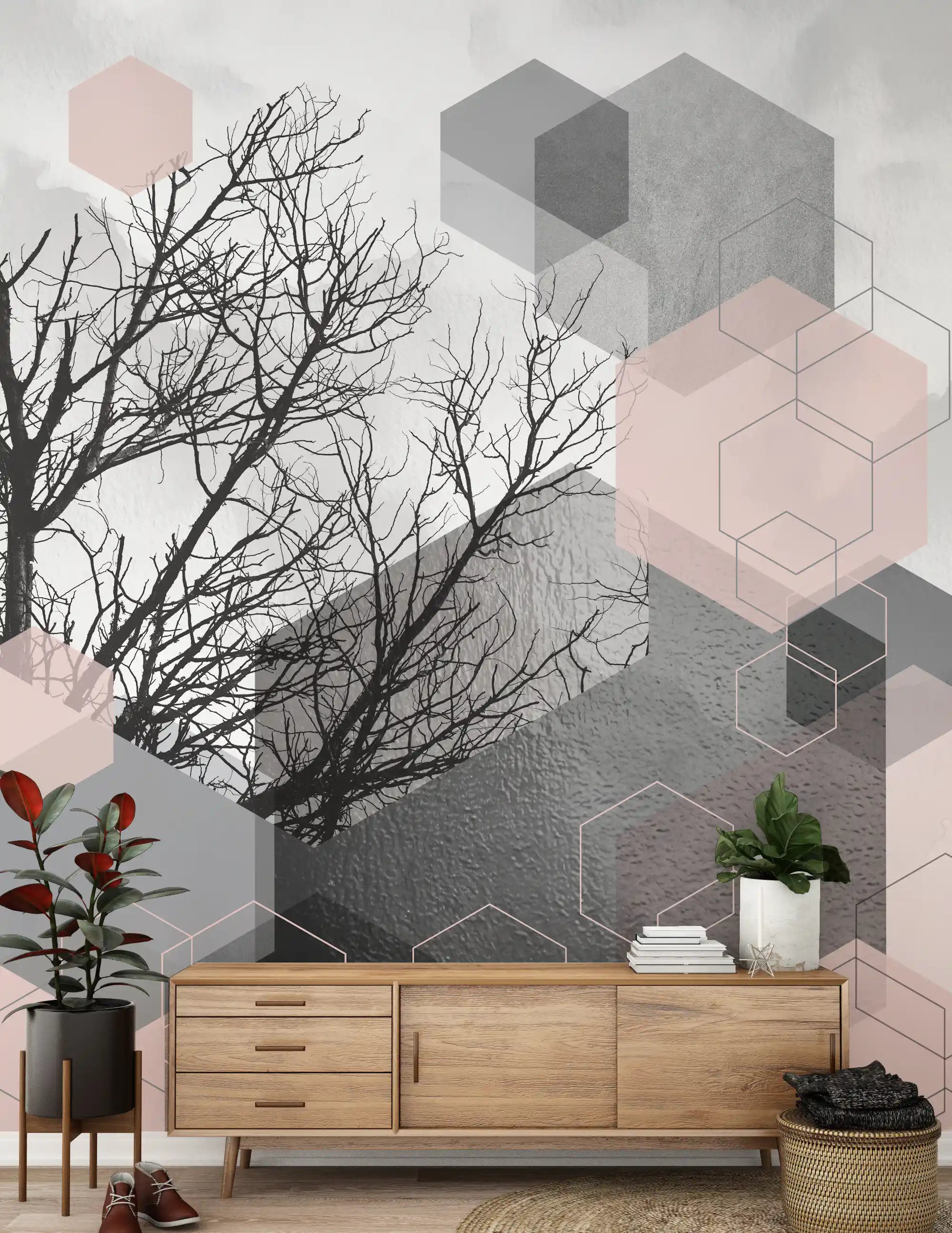 Hallway accent wall with geometric forest mural featuring hexagons and tree shapes., GD10243