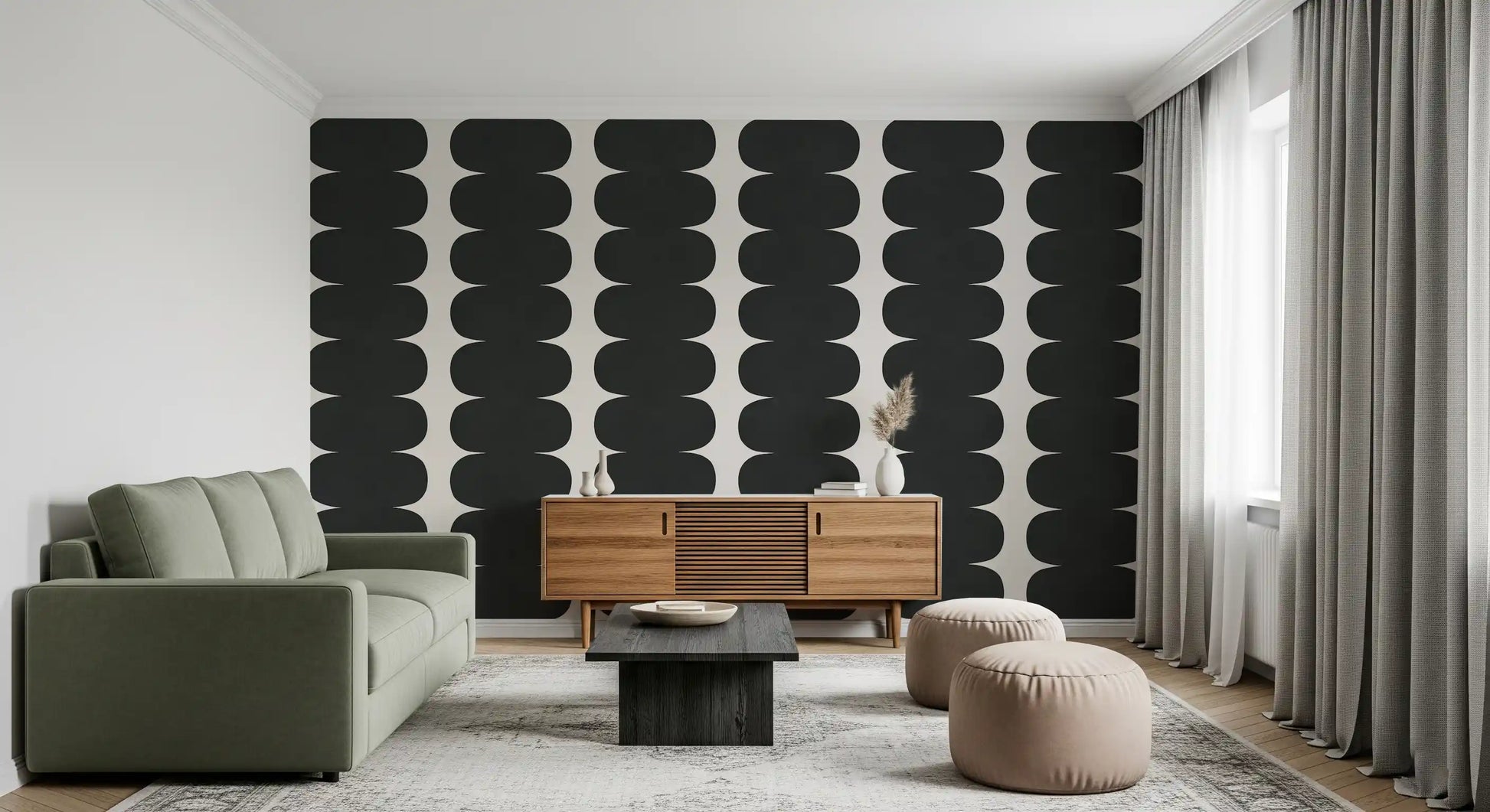 Minimalist Grey Wavy Columns Wall Mural applied in a modern living room., GD10244