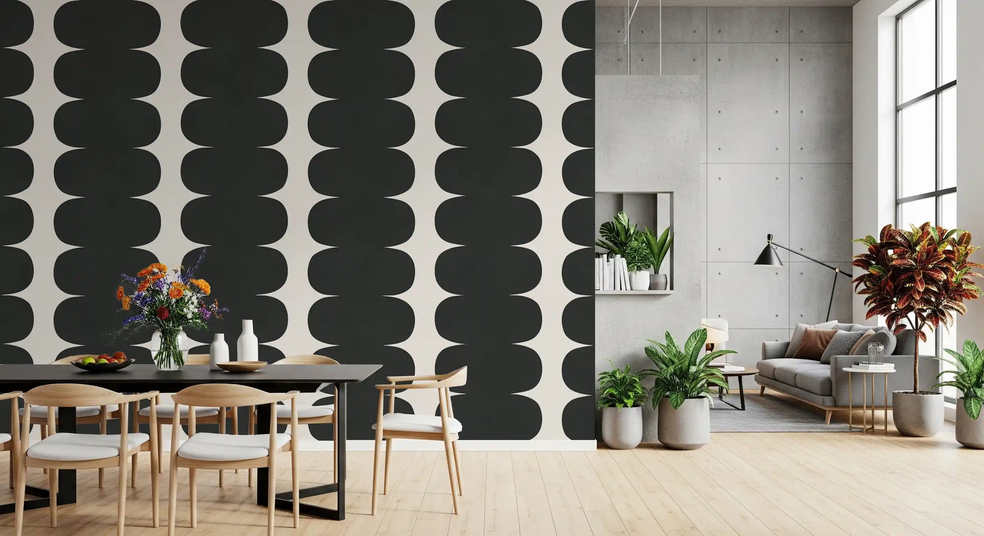 Grey vertical retro graphic design wall mural for contemporary dining room., GD10244