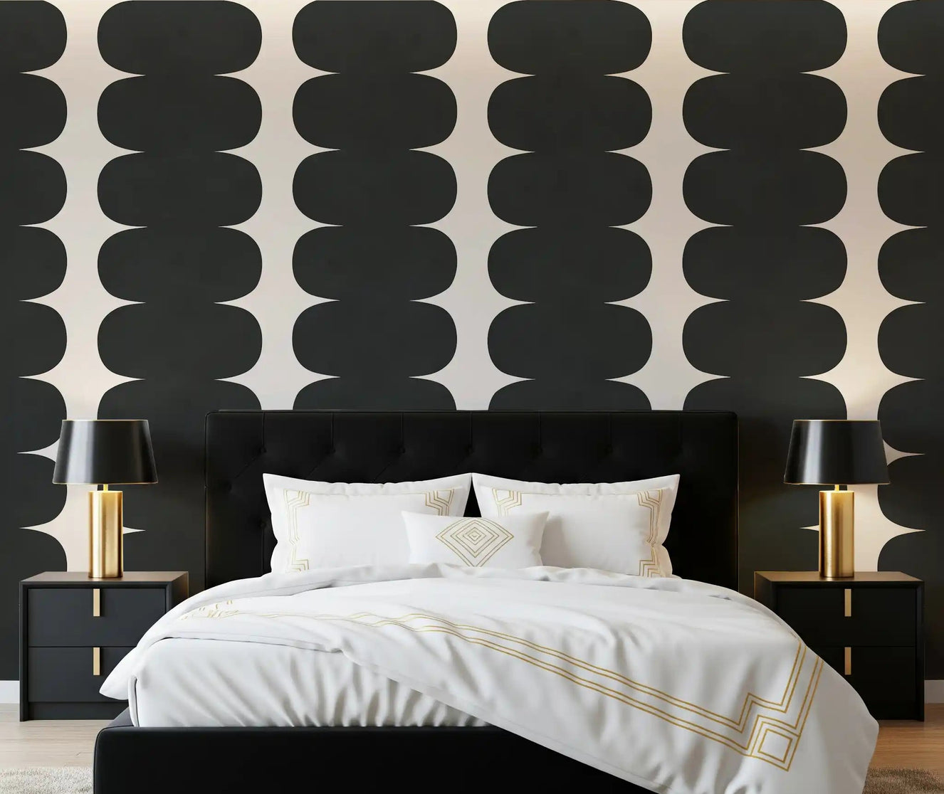 Minimalist Grey Wavy Columns Wall Mural installed in modern master bedroom.