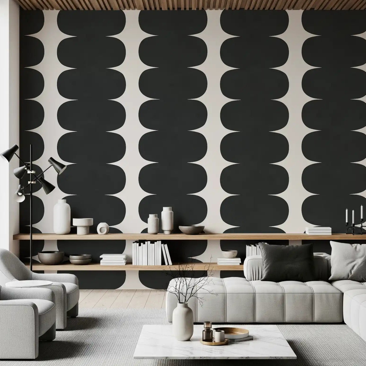 Wavy dark charcoal abstract mural for modern living room walls., GD10244