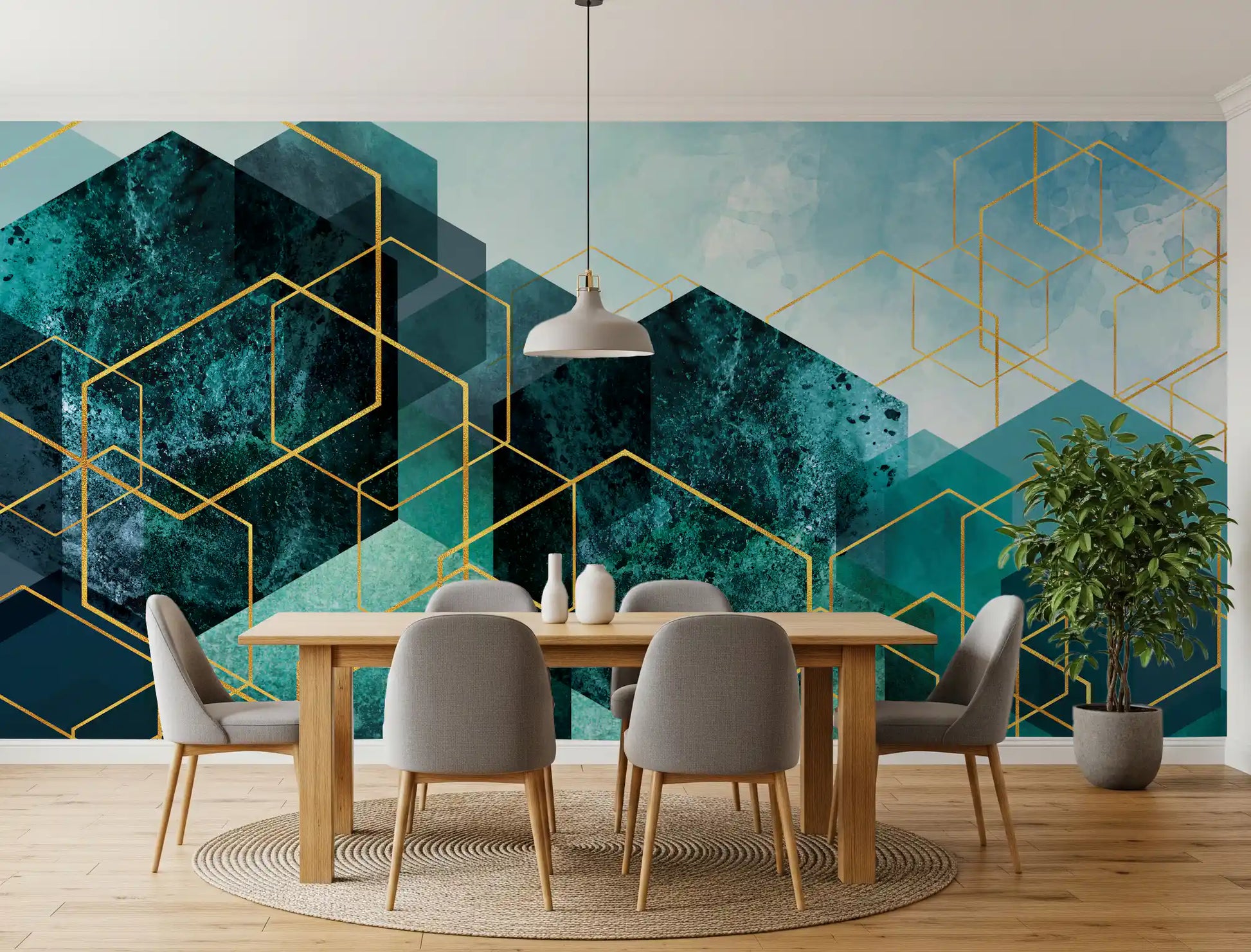 Abstract teal wall mural with intersecting lines and gradient shades., GD10245