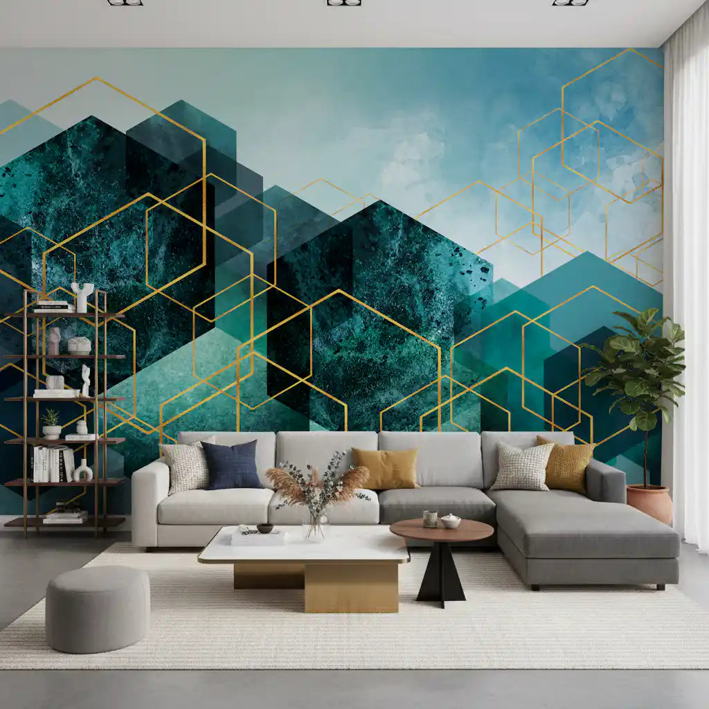 Metallic gold geometric wall mural with dark aqua and blue stone textures., GD10245