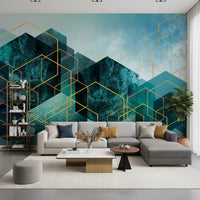 Metallic gold geometric wall mural with dark aqua and blue stone textures., GD10245