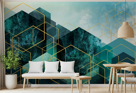 Abstract Geometric Teal Gold Glow Wall Mural for modern living room.