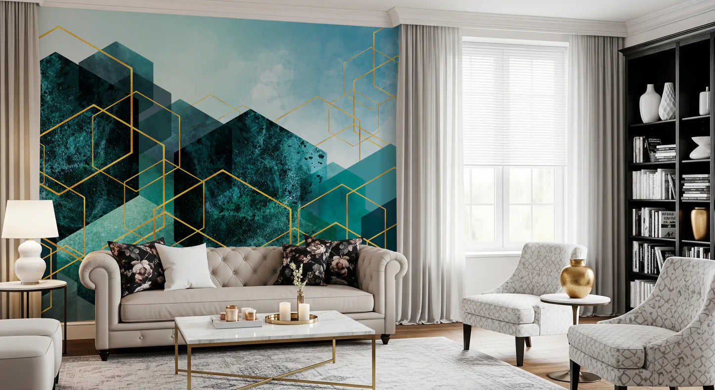 Teal 3D hexagon patterned wall mural in bright living space., GD10245