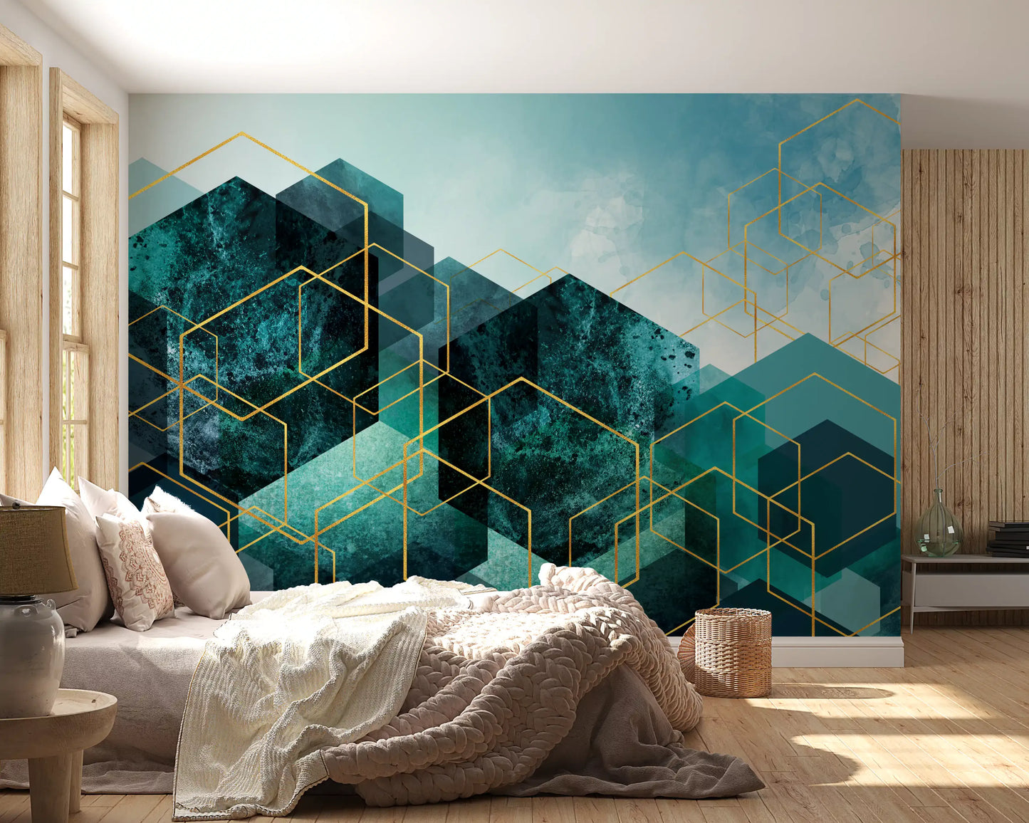 Dark teal wall mural with golden geometric lines for an apartment bedroom., GD10245