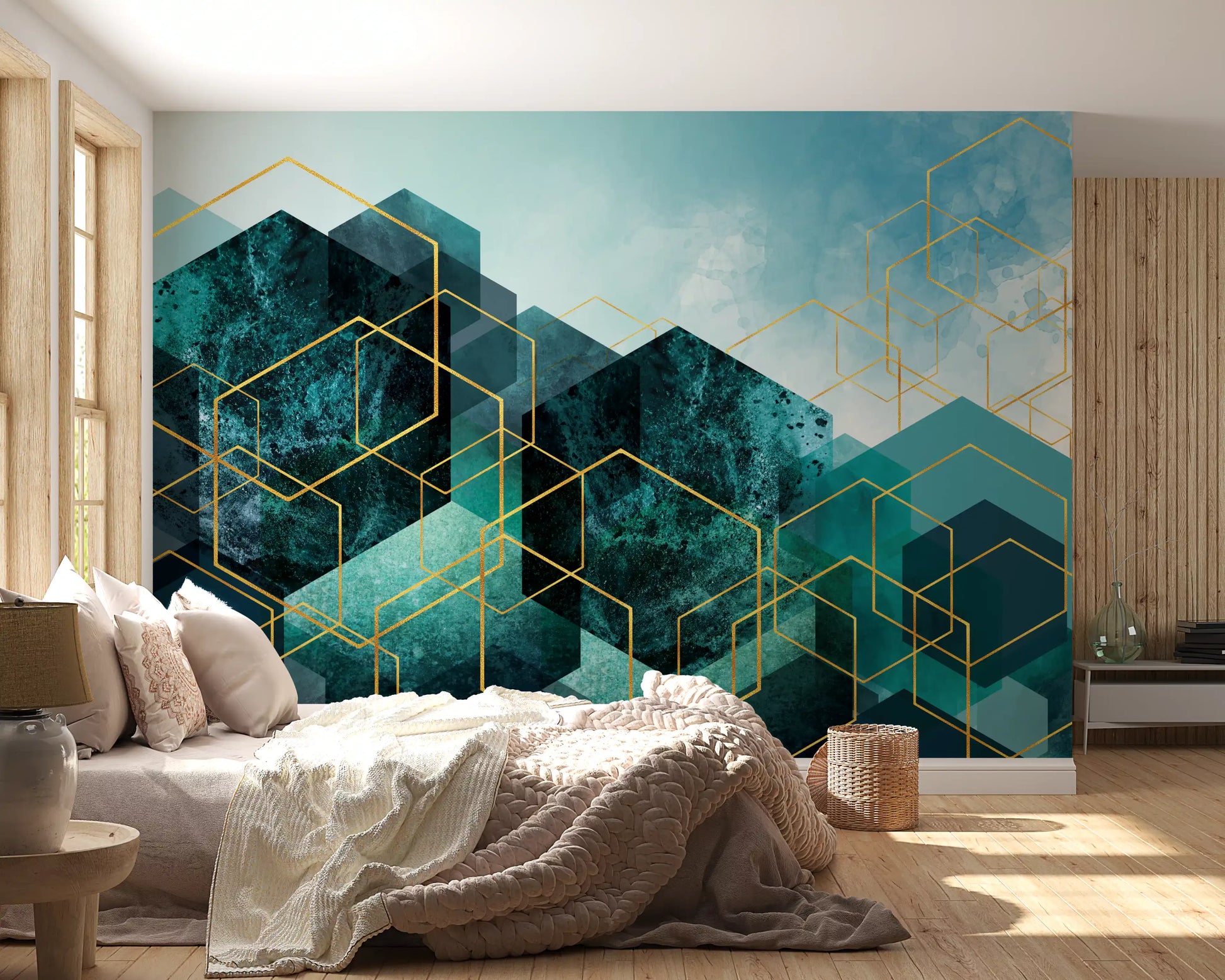 Dark teal wall mural with golden geometric lines for an apartment bedroom., GD10245