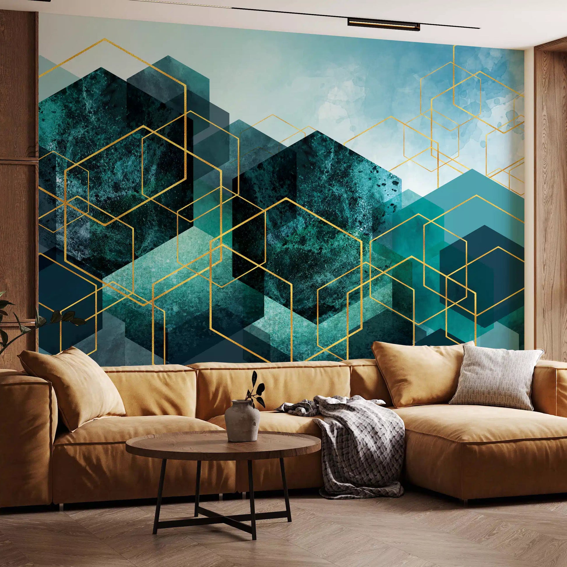 Geometric Gold Glow Wall Mural featuring dark blue and golden hexagons., GD10245