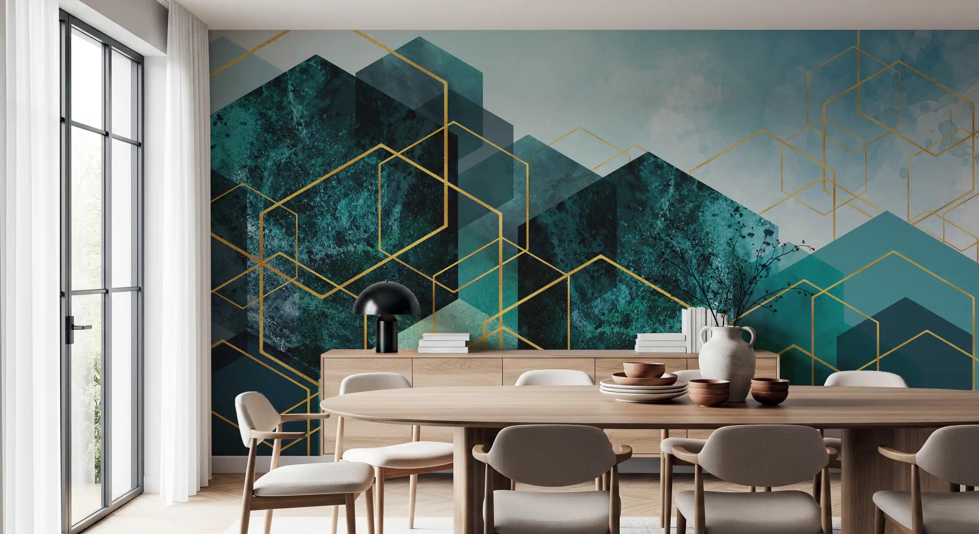 Glow effect wall mural featuring watercolour textures and cube designs., GD10245
