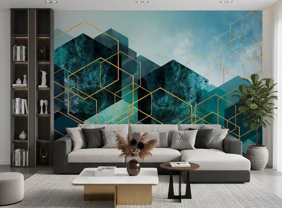 Gold line art wall mural with dark textured cube shapes in living room., GD10245