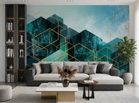 Gold line art wall mural with dark textured cube shapes in living room., GD10245