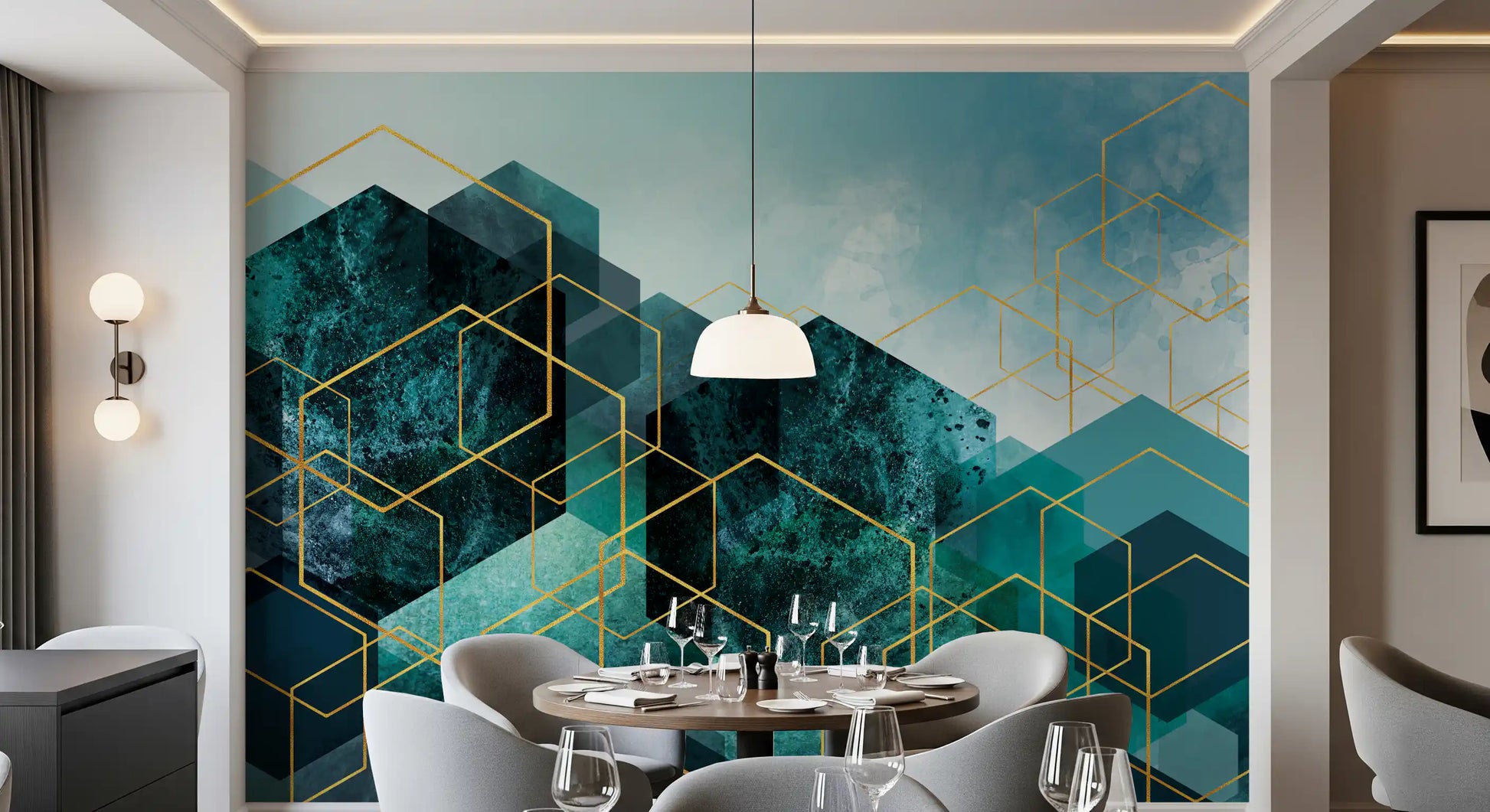 Geometric wall mural showing abstract dark blue blocks and golden outlines., GD10245