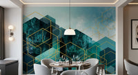 Geometric wall mural showing abstract dark blue blocks and golden outlines., GD10245