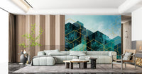 Modern geometric wall mural on an accent wall in a living room., GD10245