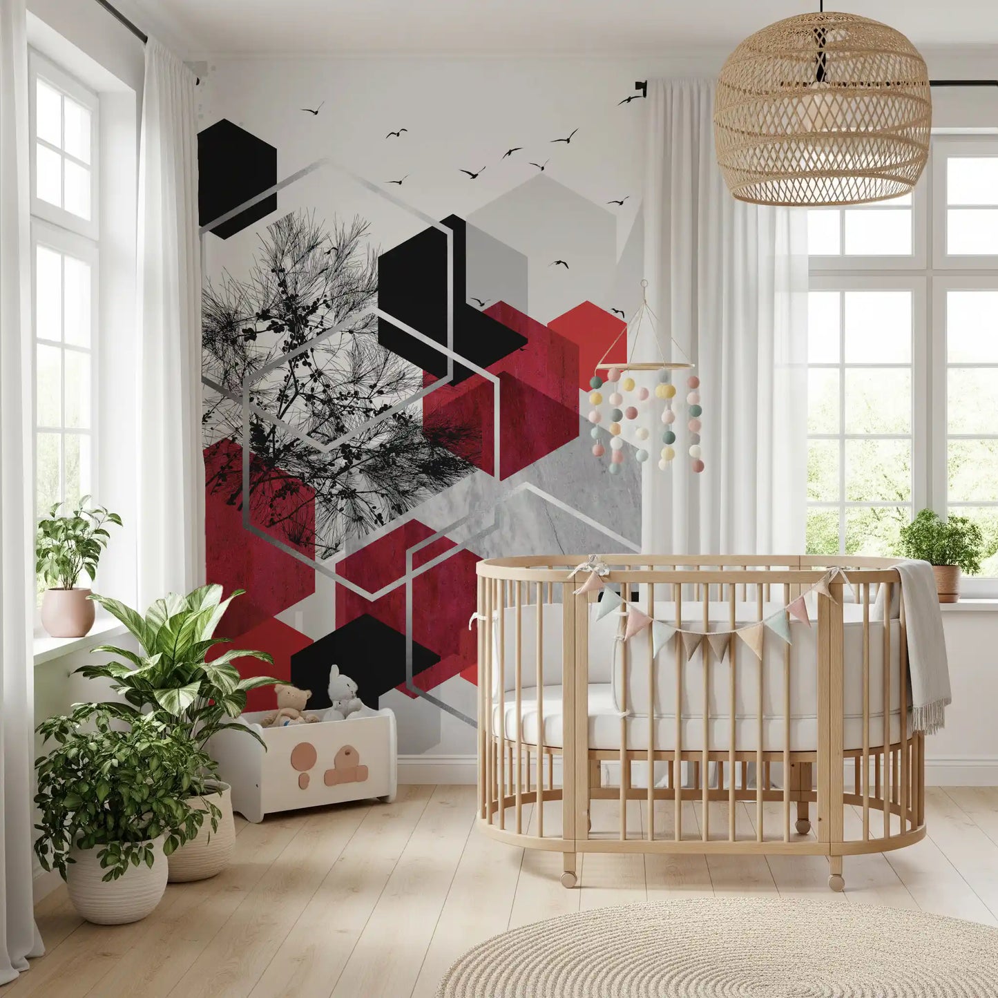 Geometric wall mural with black birds and red square blocks in nursery., GD10246