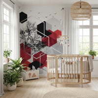Geometric wall mural with black birds and red square blocks in nursery., GD10246