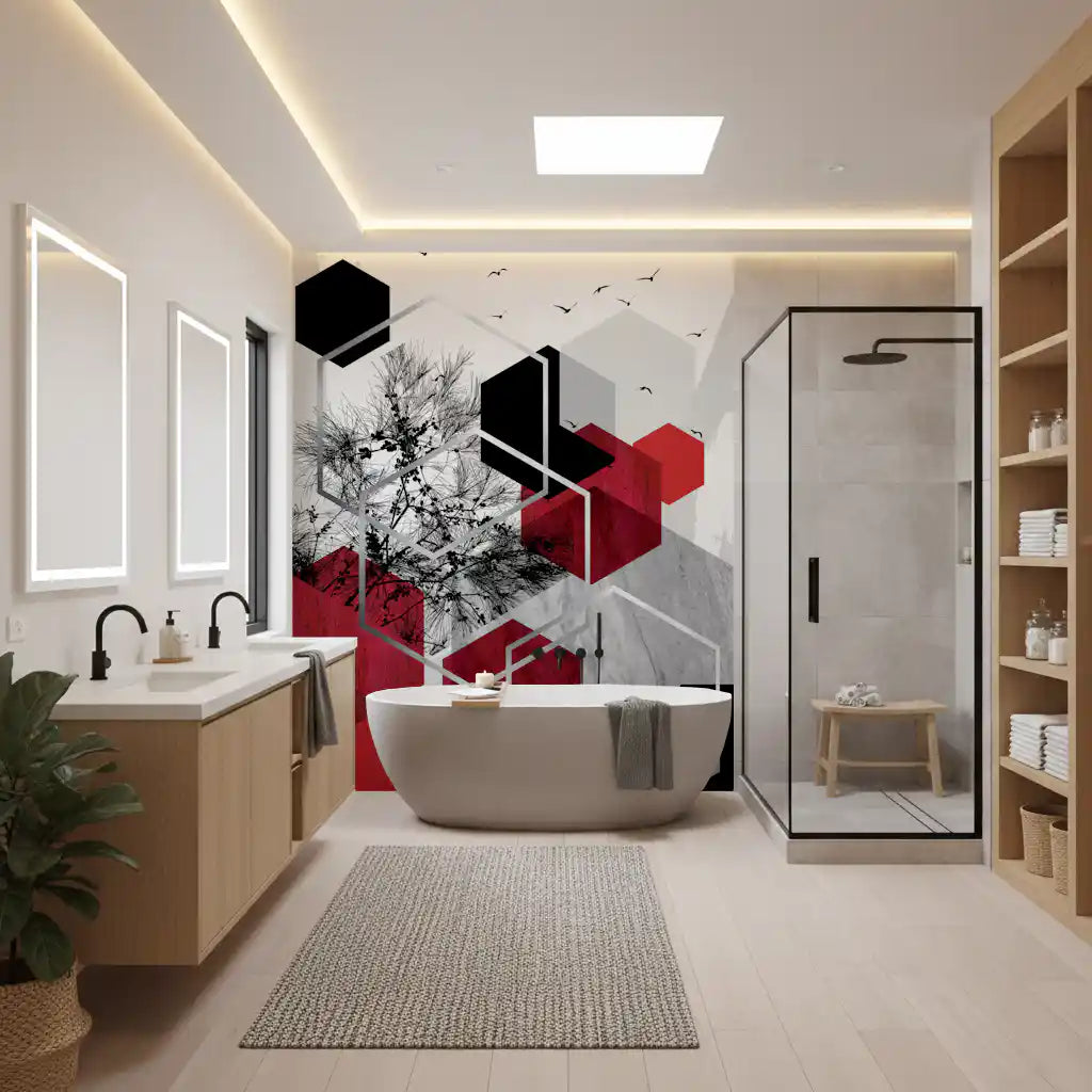 Bathroom design using an Urban wall mural with geometric silver hexagons., GD10246