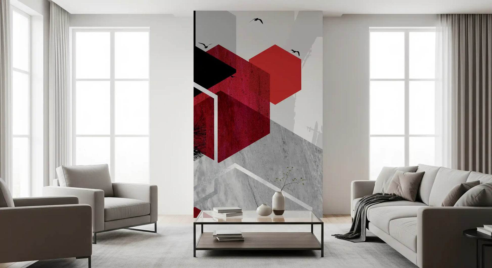 Geometric red and black cubes over branches in this Nature wall mural., GD10246