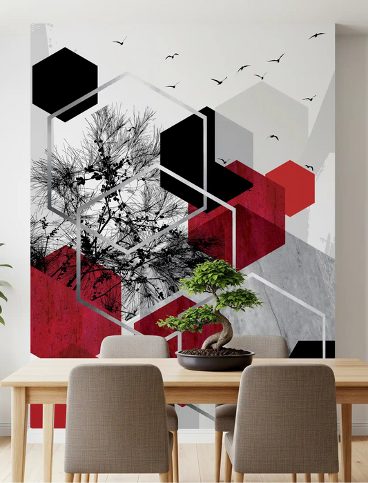 Urban Nature Contrast Wall Mural with red cubes and black tree branches in dining room.