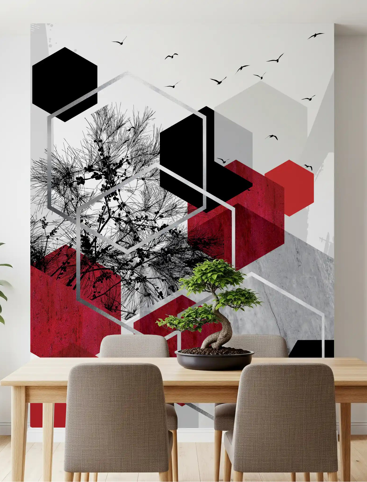Urban Nature Contrast Wall Mural with red cubes and black tree branches in dining room., GD10246