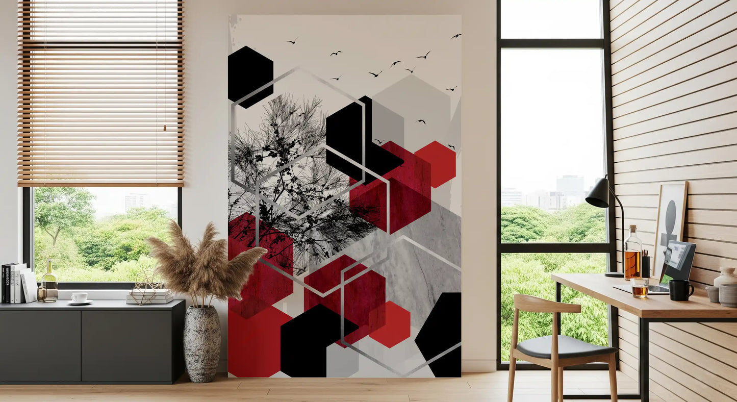 Study room Urban Nature Contrast Wall Mural featuring black flying birds., GD10246