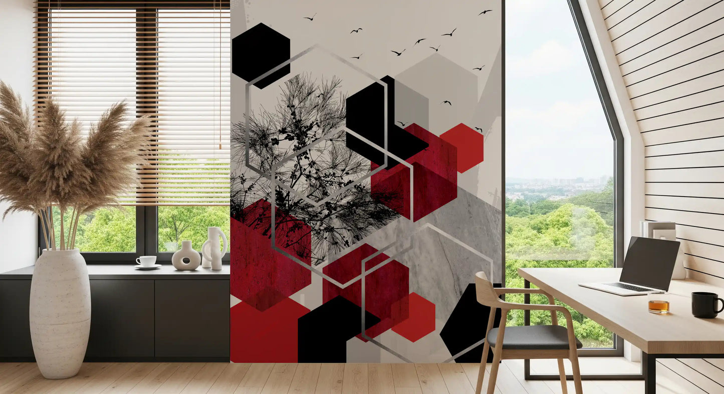 Modern feature wall Mural showing monochrome trees and coloured cubes., GD10246