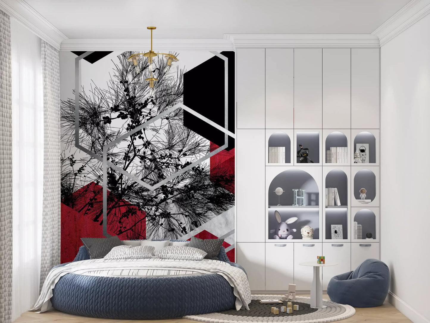 Red and black 3D blocks mural with flying birds for an bedroom wall., GD10246