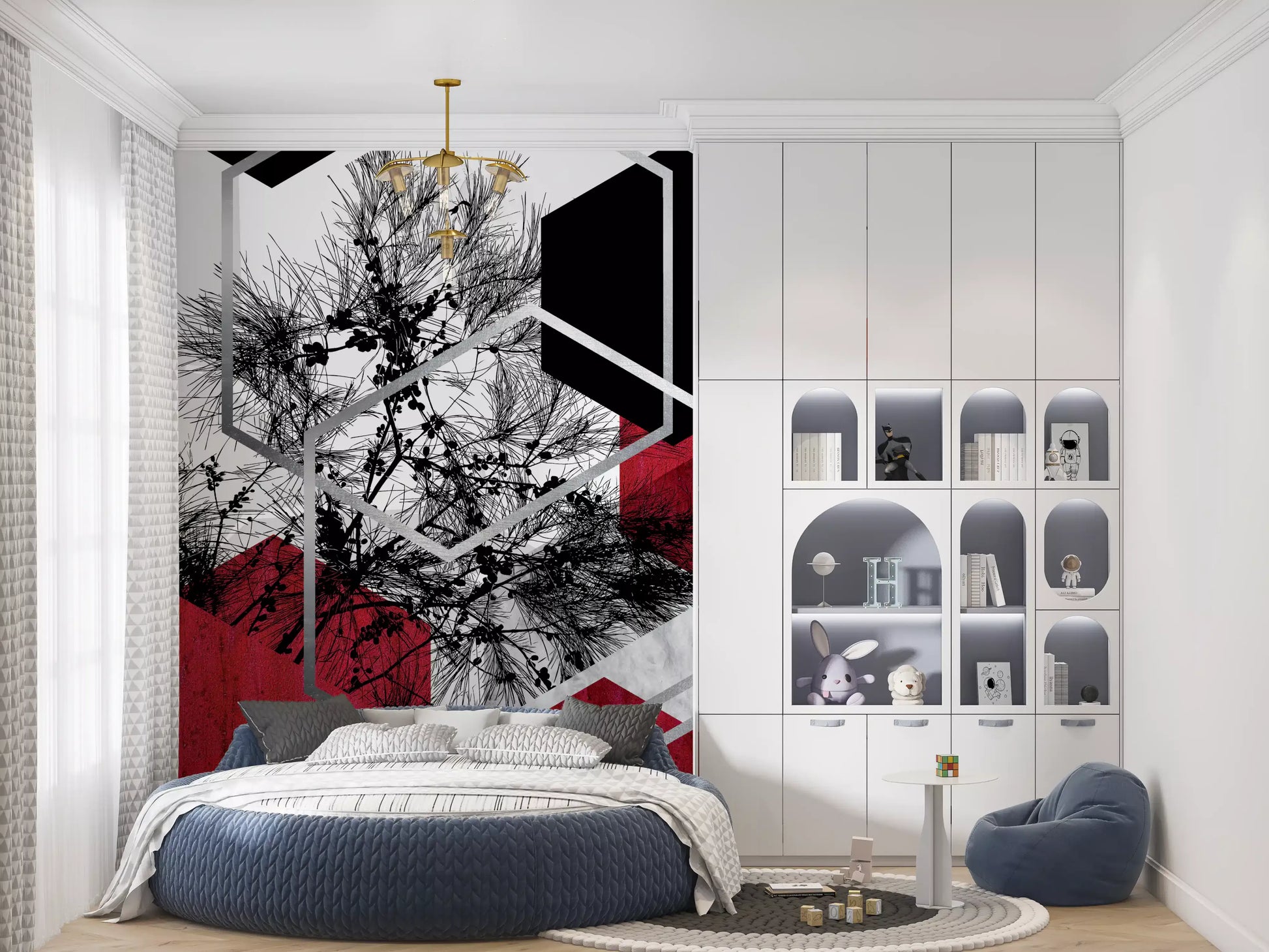 Red and black 3D blocks mural with flying birds for an bedroom wall., GD10246