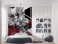 Red and black 3D blocks mural with flying birds for an bedroom wall., GD10246