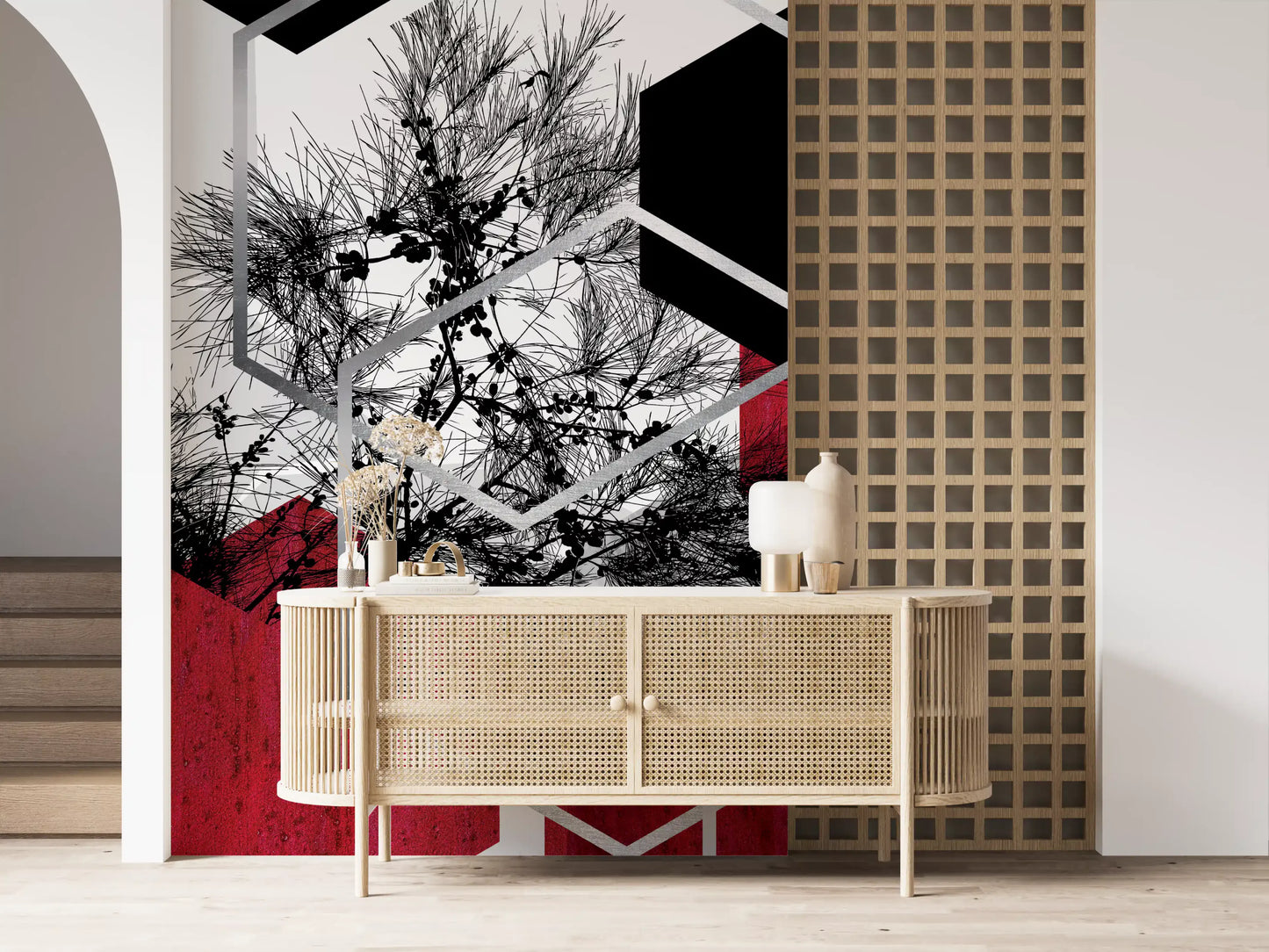 Geometric red blocks and branch patterns on a stylish Urban wall mural., GD10246