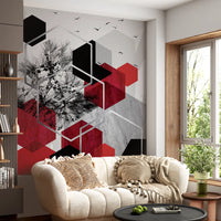 Abstract tree silhouettes and red shapes on a modern Contrast wall mural., GD10246