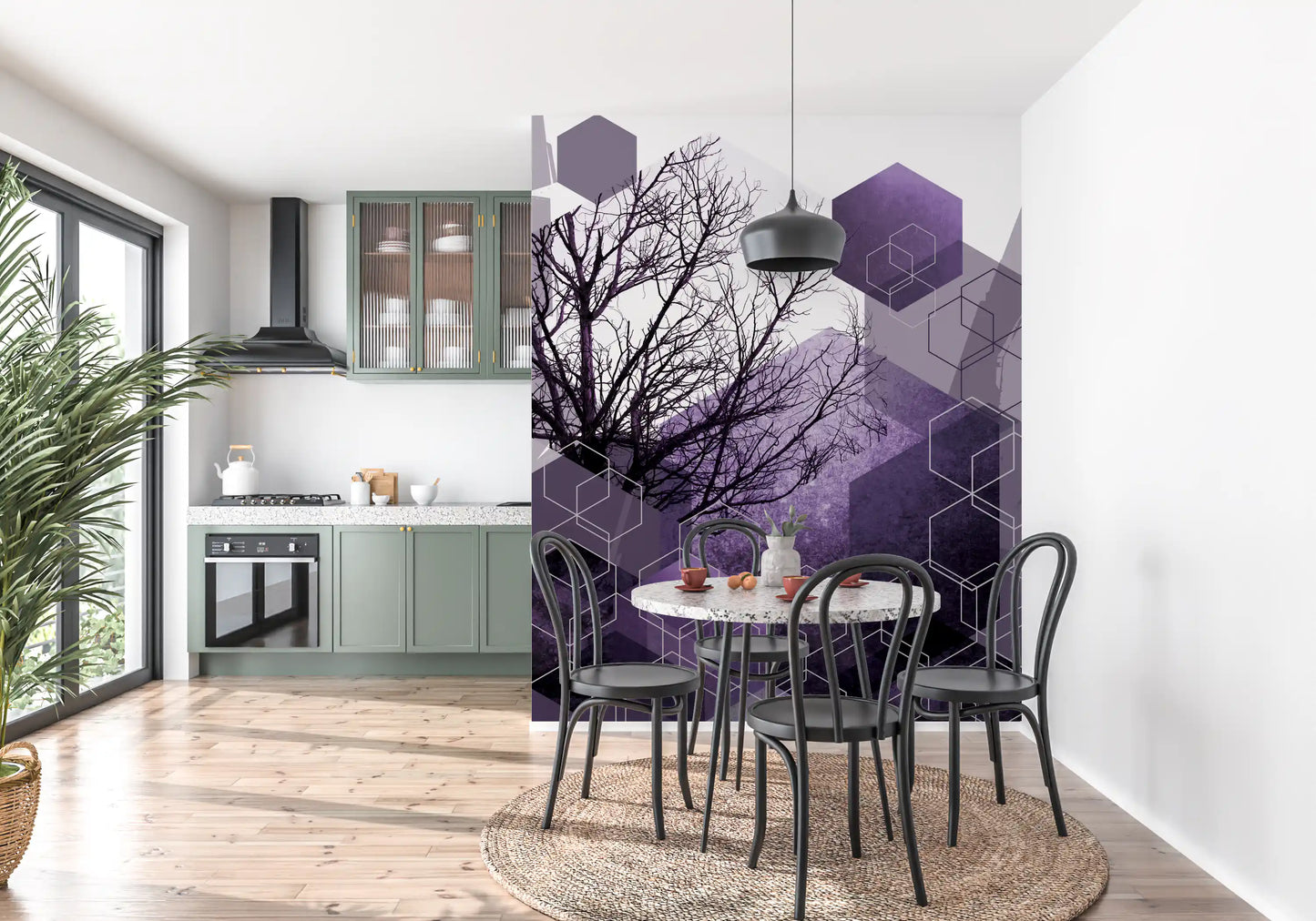 Geometry patterned wall mural featuring dark winter trees and purple tones., GD10247