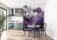 Geometry patterned wall mural featuring dark winter trees and purple tones., GD10247