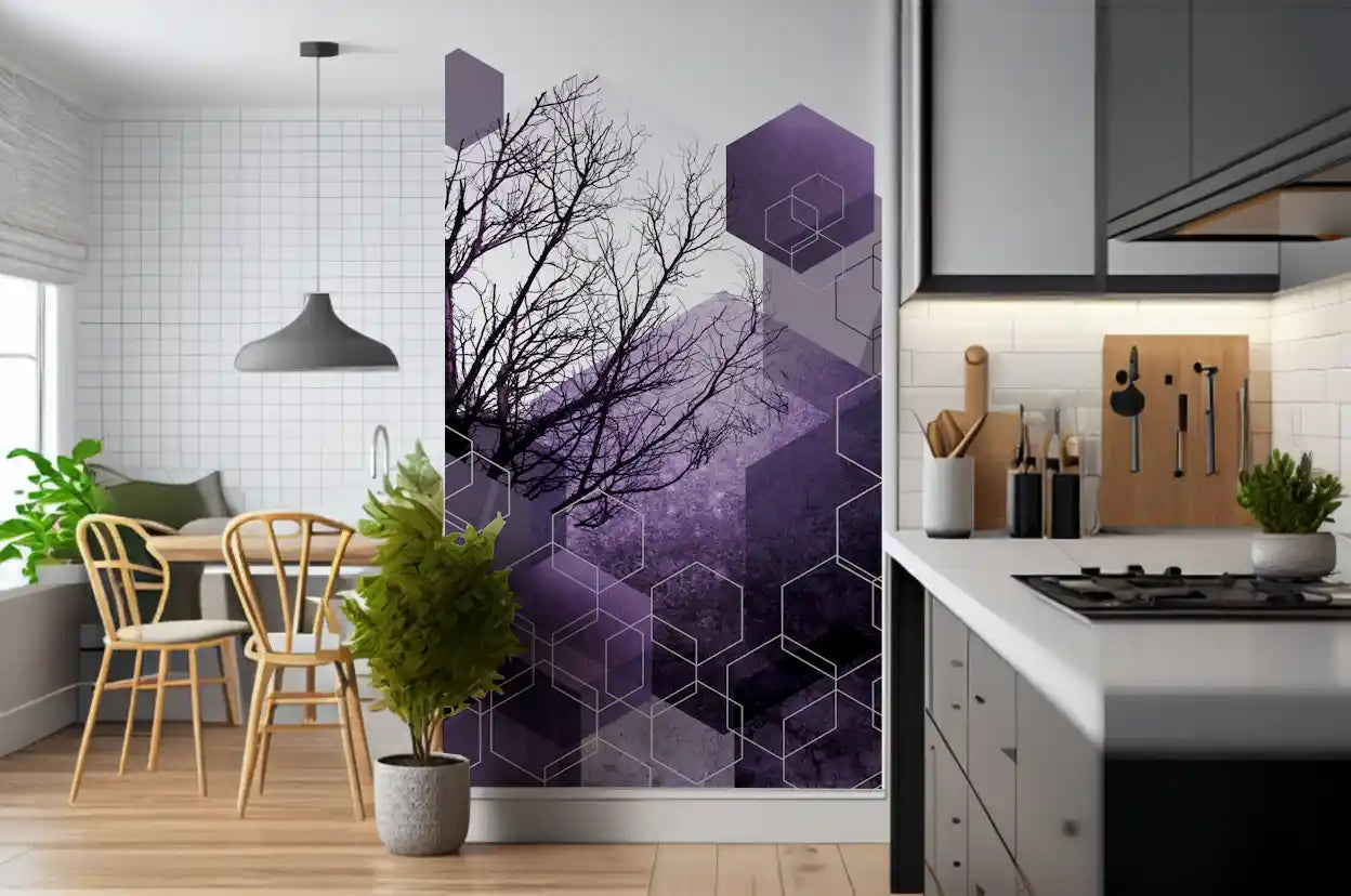 Abstract tree and purple blocks in Shadowed Geometry Wall Mural., GD10247