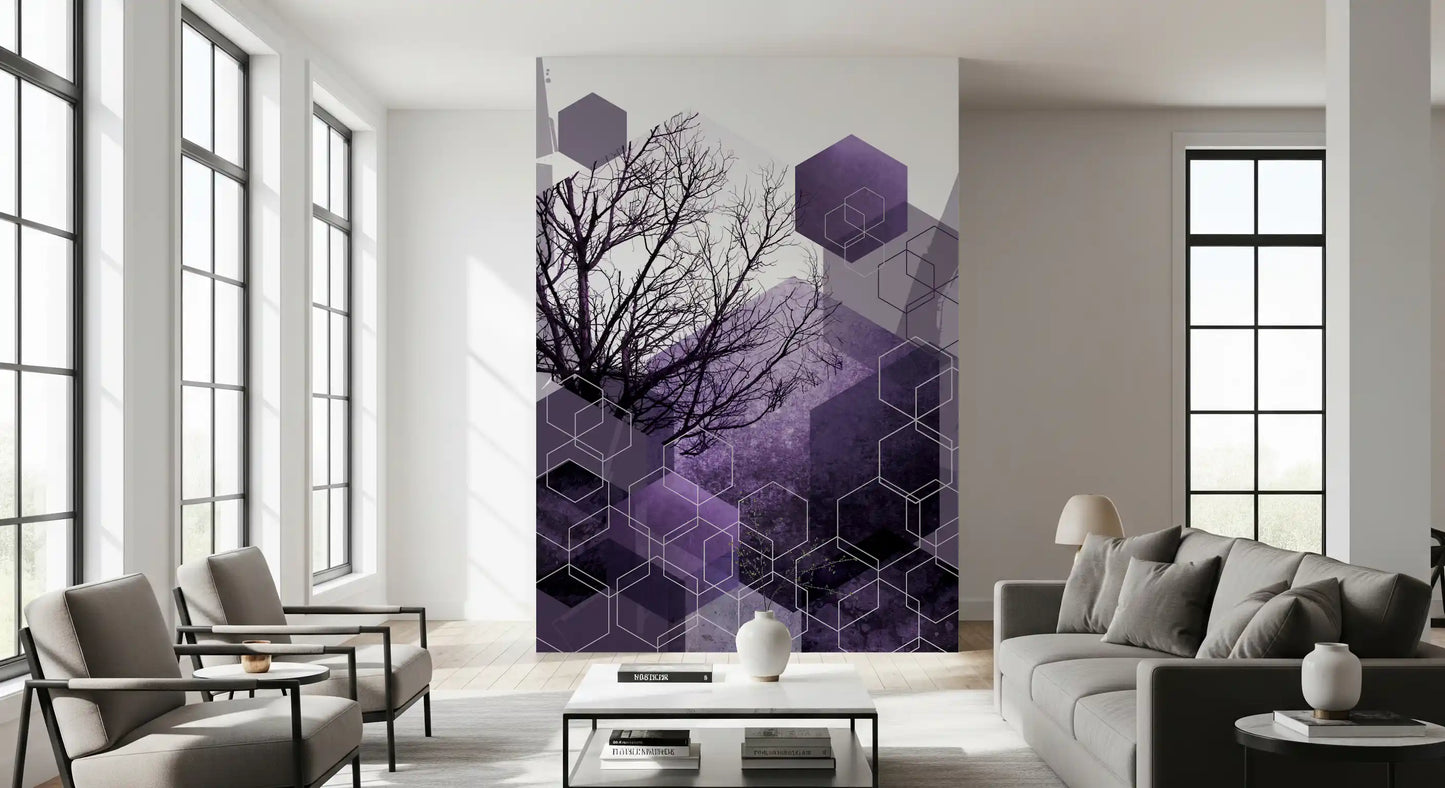 Shadowed winter tree with violet and white hexagonal shapes wall mural., GD10247