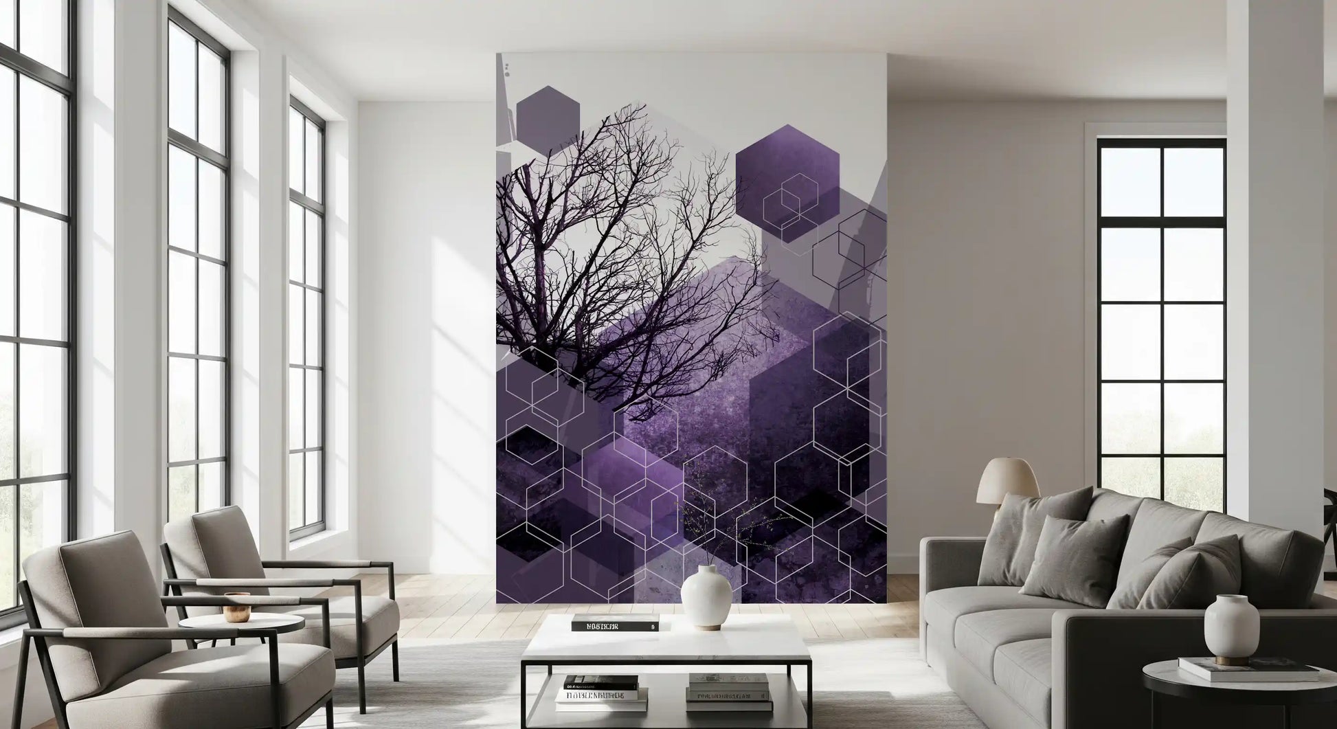 Shadowed winter tree with violet and white hexagonal shapes wall mural., GD10247